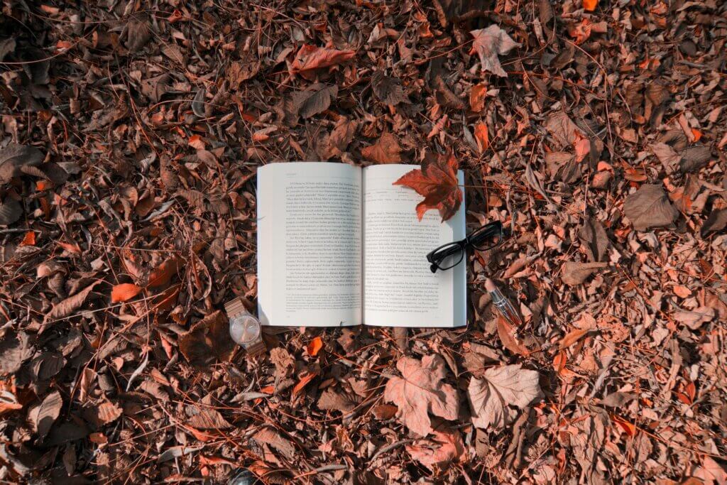 白い本のページに赤い楓の葉と眼鏡